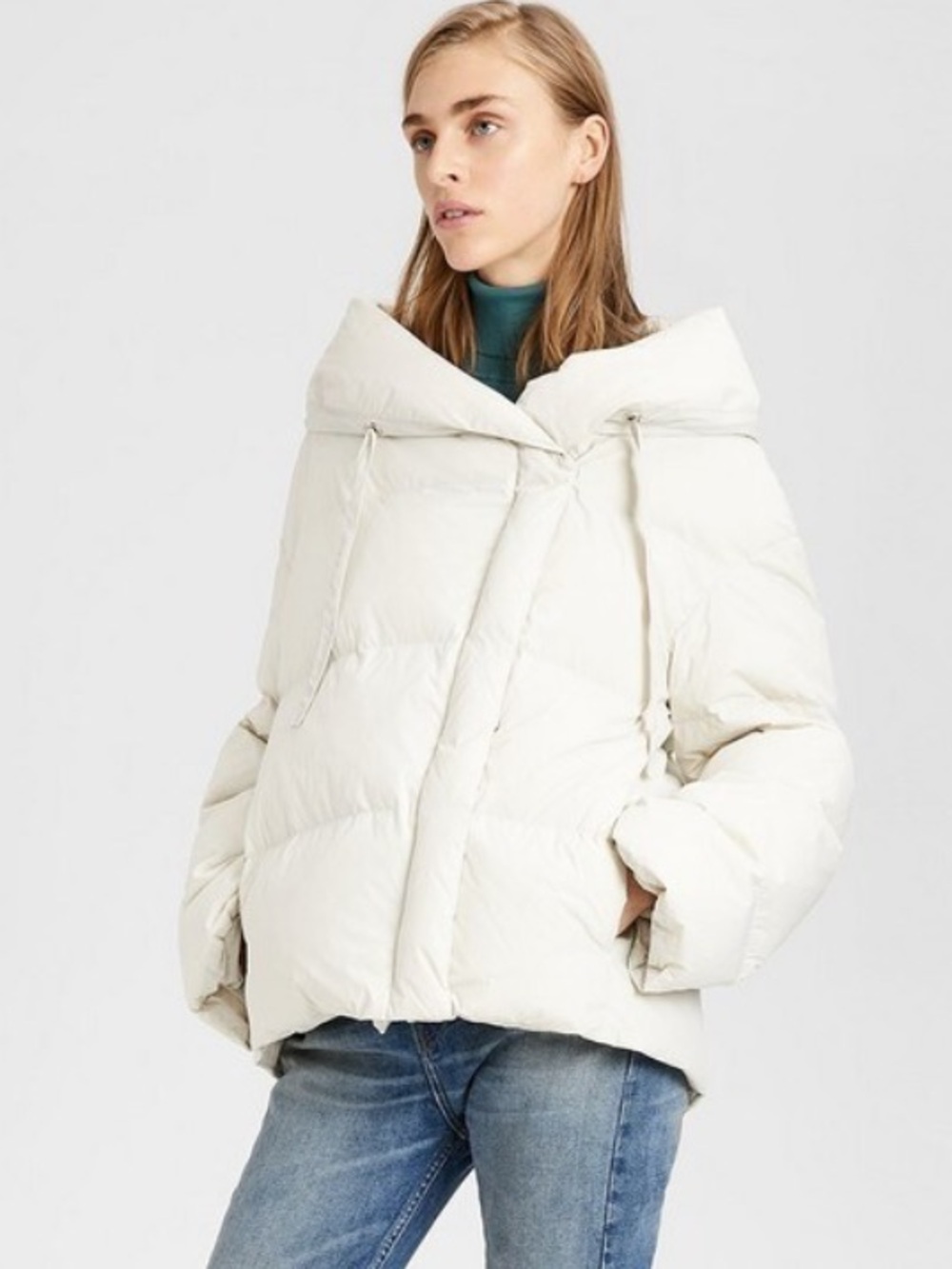 Theory Off-The-Shoulder Short Down fill Puffer Sz Large Light Cement